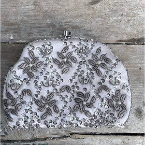 Vintage Safco white satin bag silver sequins wedding evening Hong Kong
